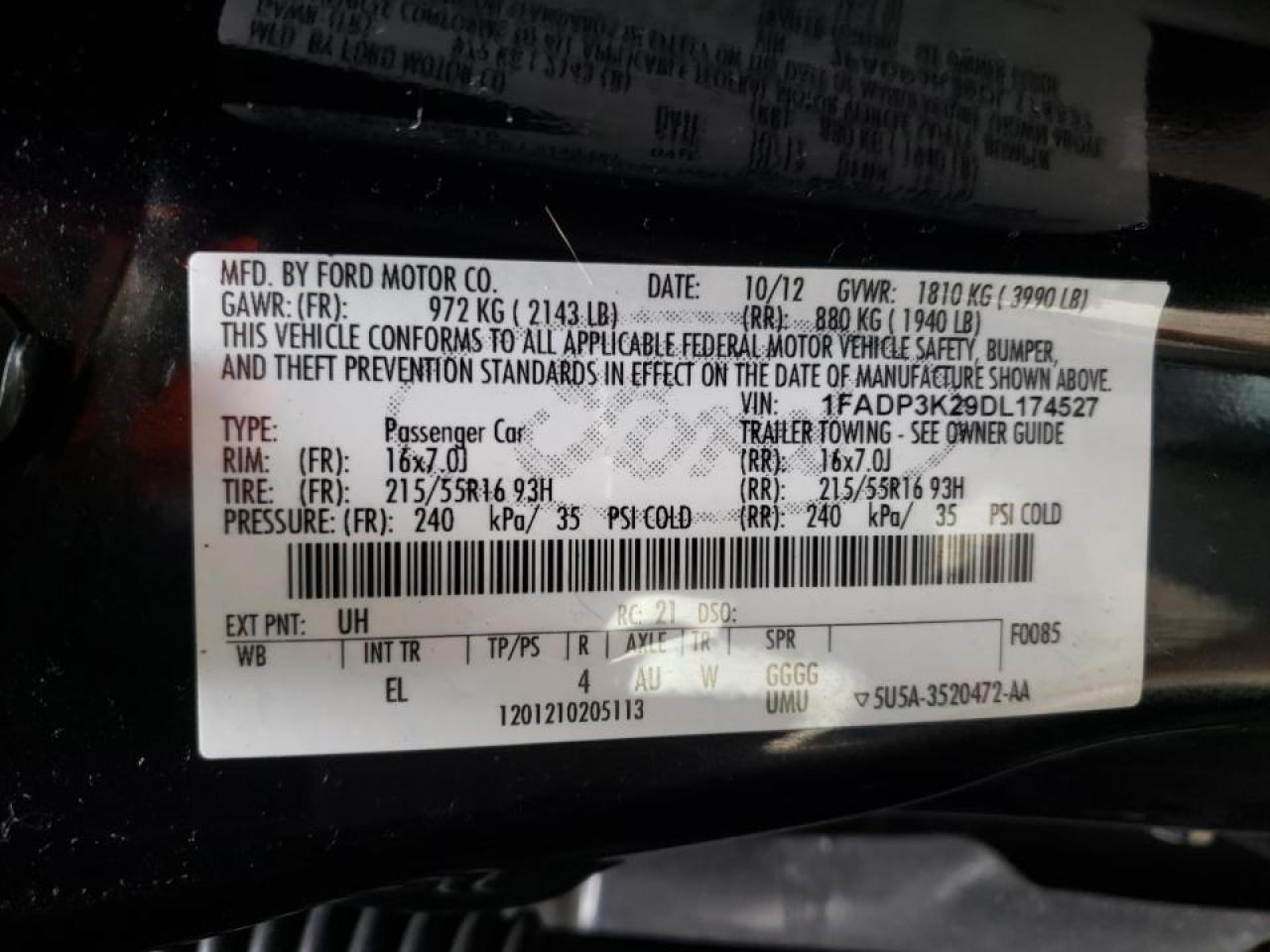 Photo 10 from auction – 2013 FORD FOCUS SE with VIN 1FADP3K29DL174527