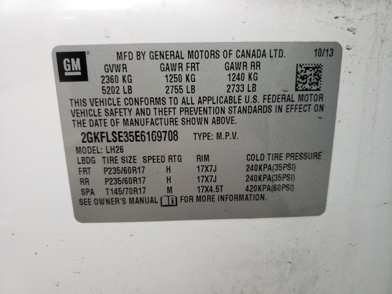 Photo 10 from auction – 2014 GMC TERRAIN SL with VIN 2GKFLSE35E6169708