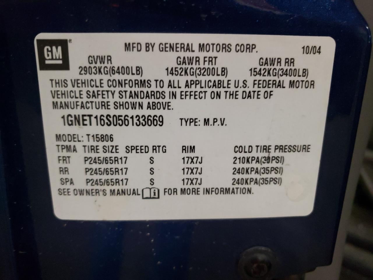 Photo 10 from auction – 2005 CHEVROLET TRAILBLAZE with VIN 1GNET16S056133669