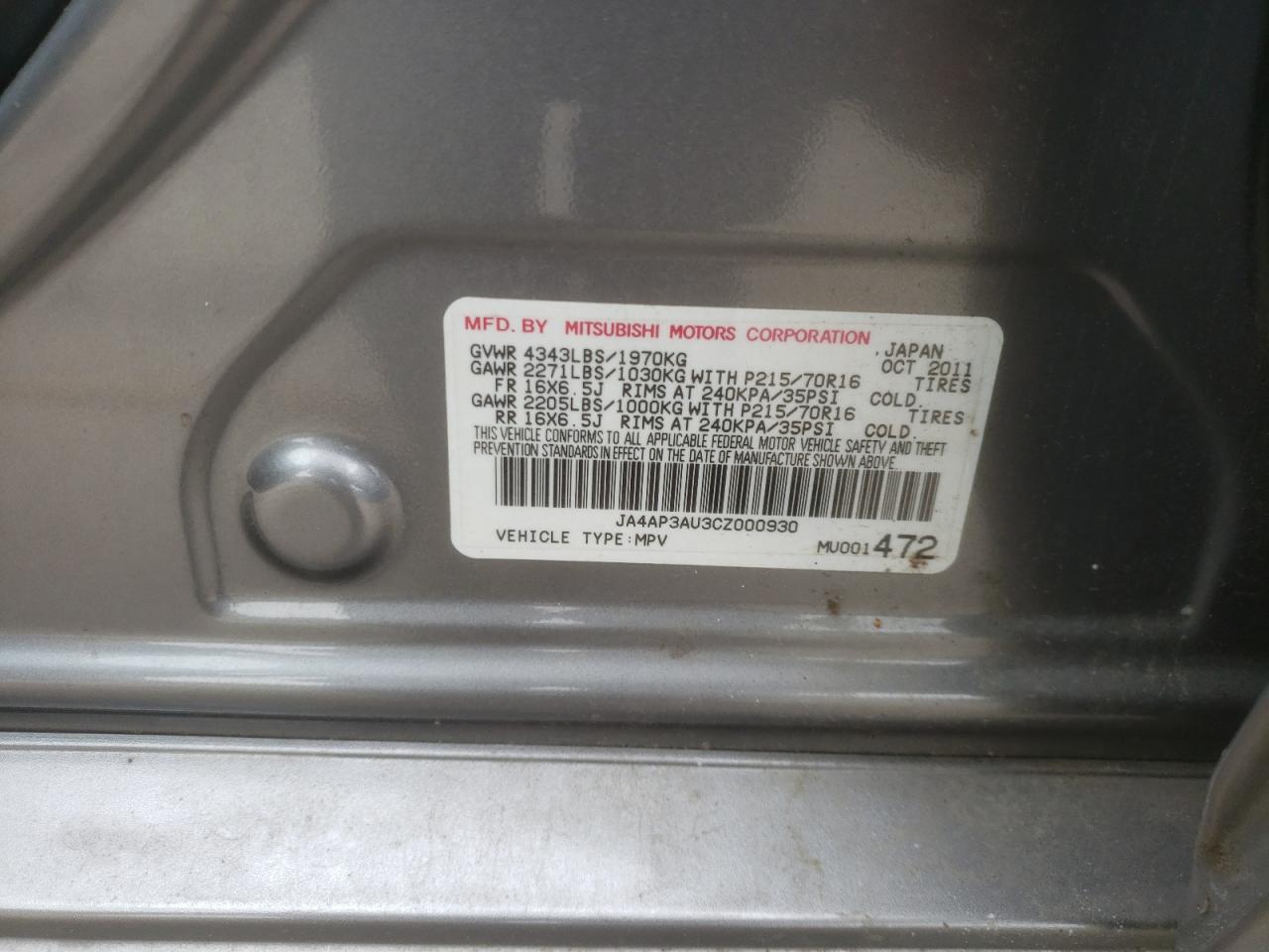 Photo 10 from auction – 2012 MITSUBISHI OUTLANDER with VIN JA4AP3AU3CZ000930
