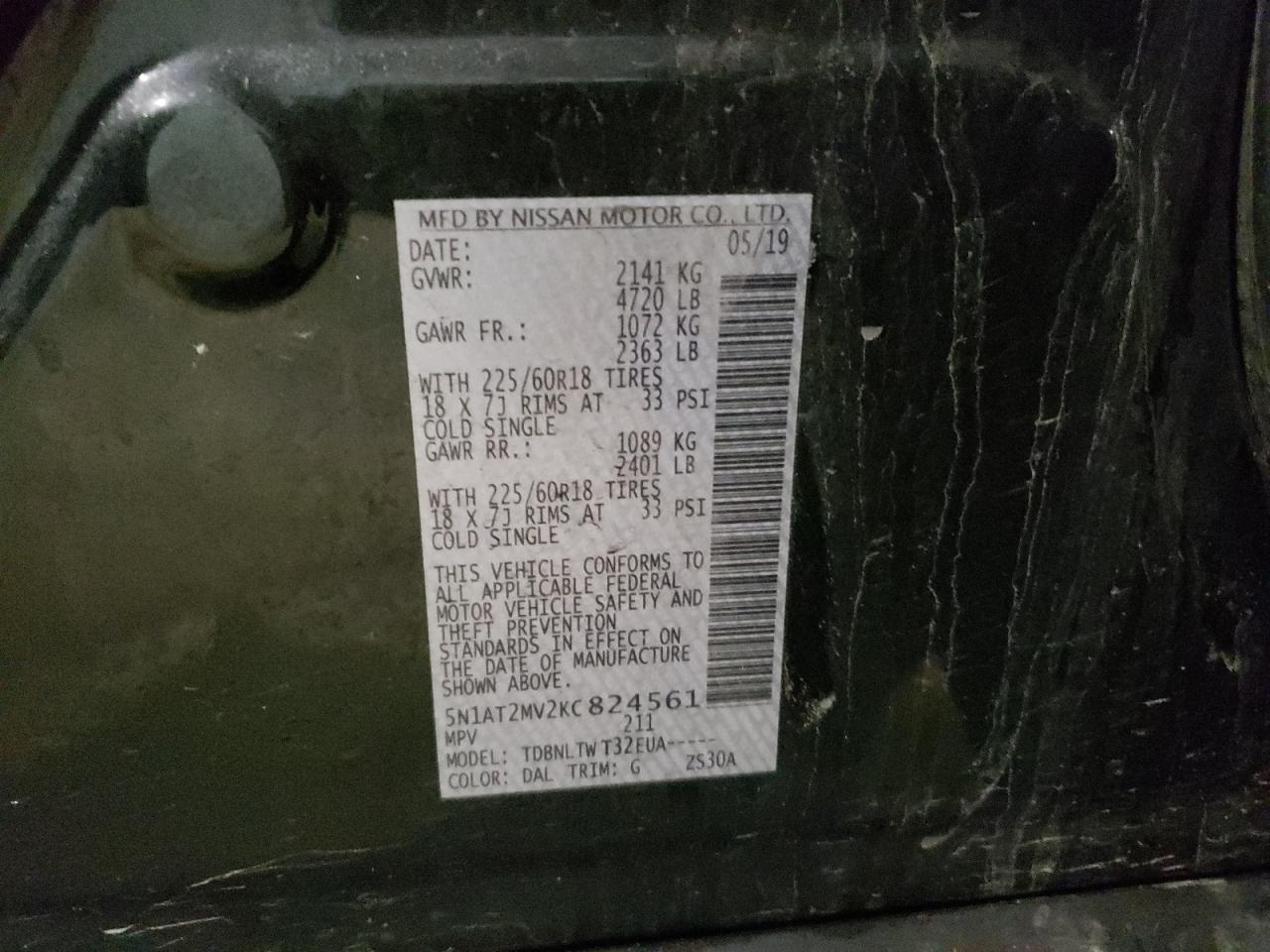 Photo 10 from auction – 2019 NISSAN ROGUE S with VIN 5N1AT2MV2KC824561
