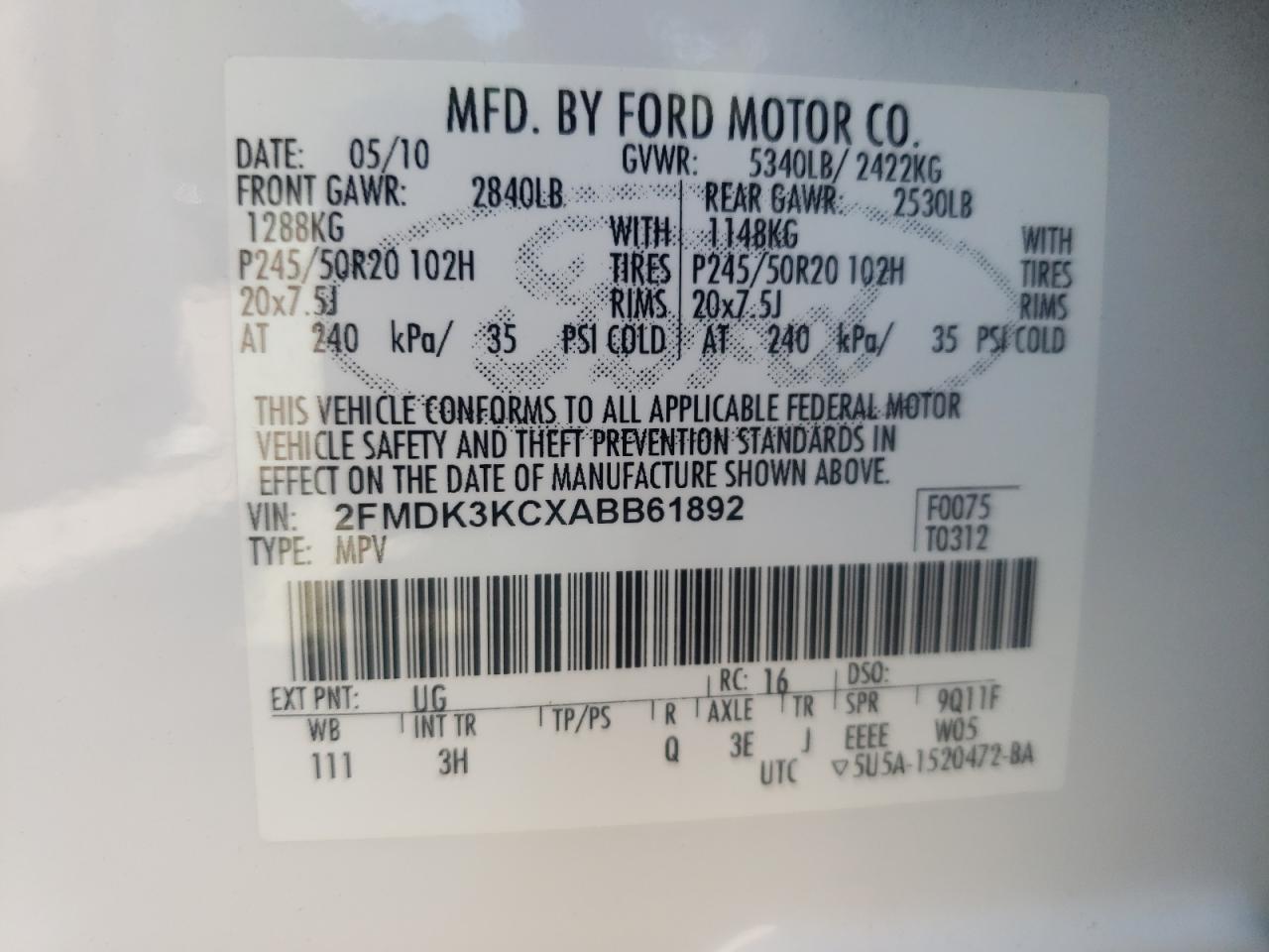 Photo 10 from auction – 2010 FORD EDGE LIMIT with VIN 2FMDK3KCXABB61892