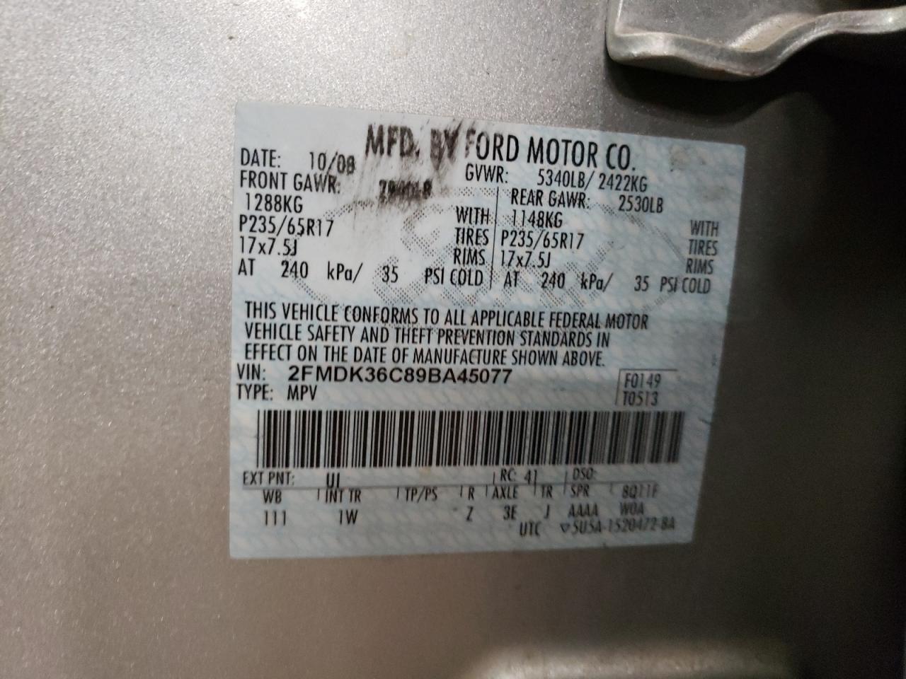 Photo 10 from auction – 2009 FORD EDGE SE with VIN 2FMDK36C89BA45077