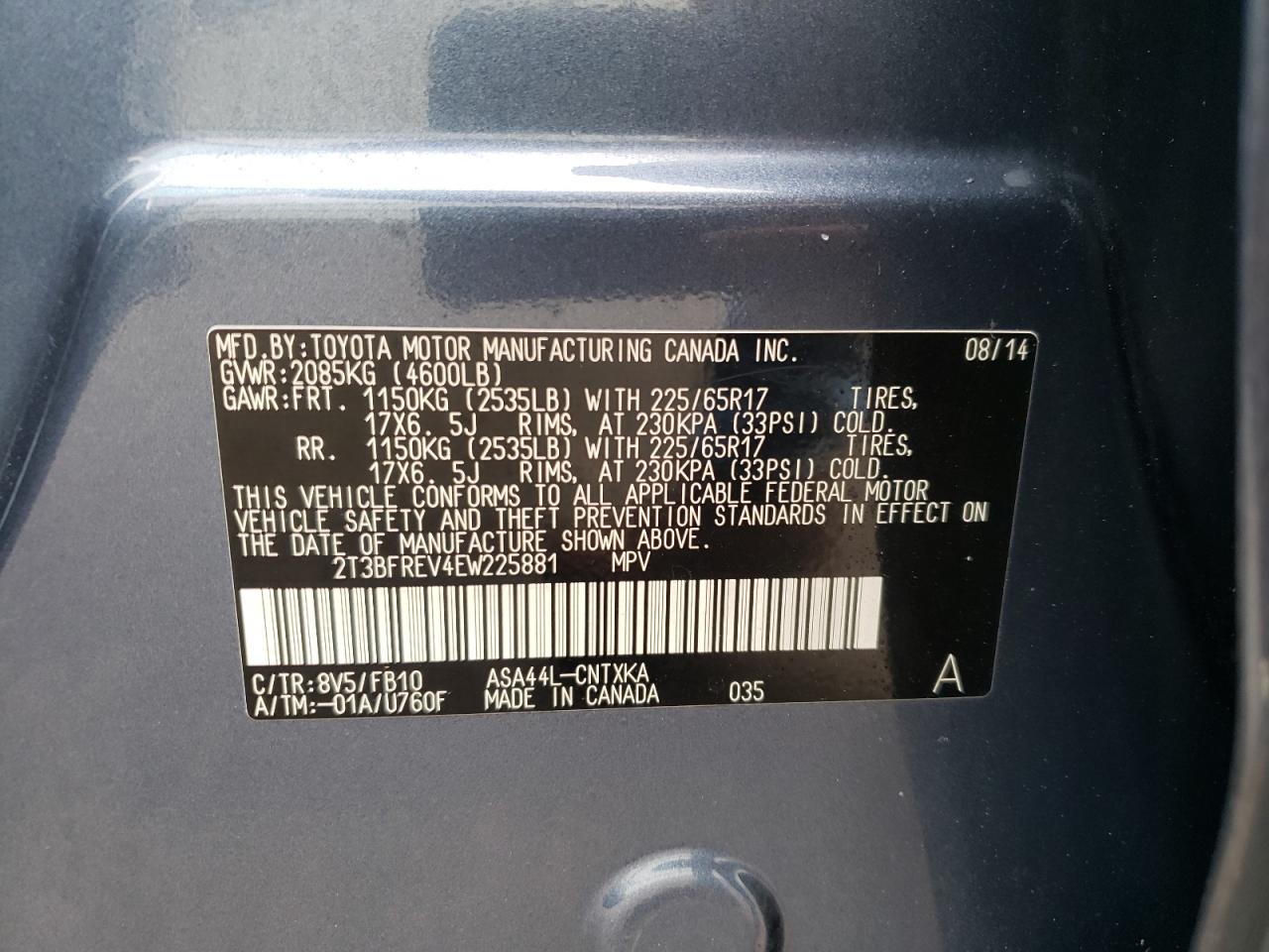 Photo 10 from auction – 2014 TOYOTA RAV4 LE with VIN 2T3BFREV4EW225881