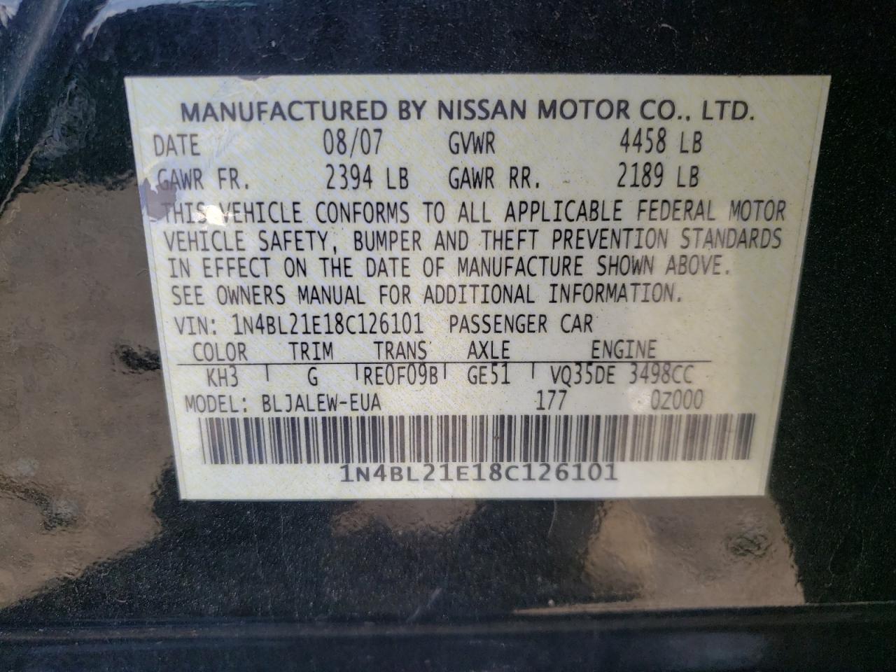Photo 10 from auction – 2008 NISSAN ALTIMA 3.5 with VIN 1N4BL21E18C126101