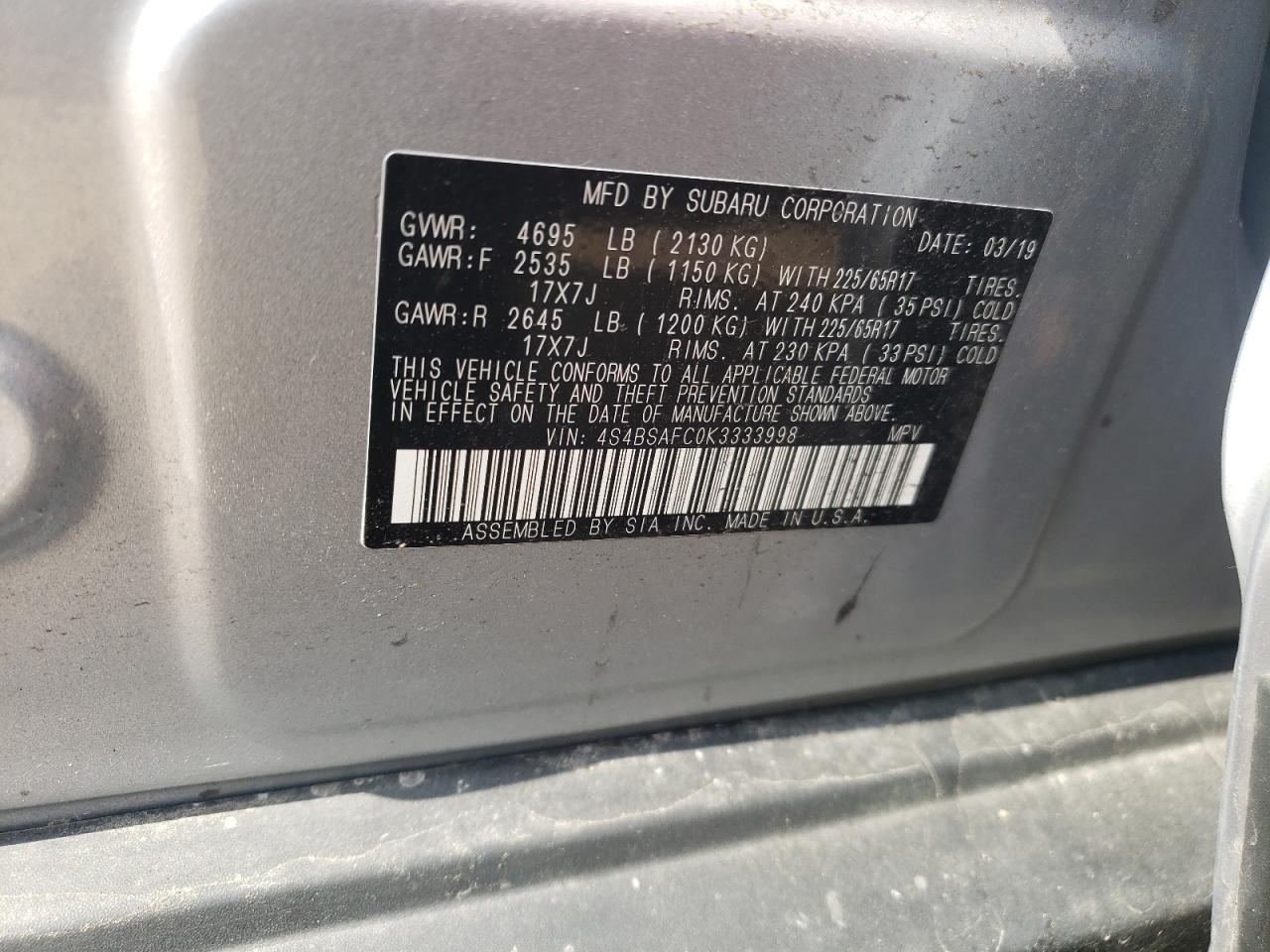 Photo 10 from auction – 2019 SUBARU OUTBACK 2. with VIN 4S4BSAFC0K3333998
