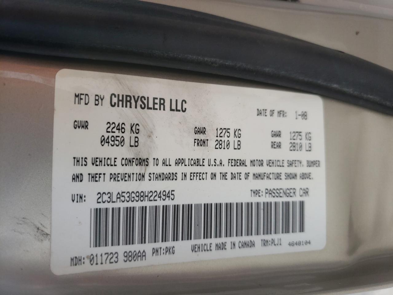 Photo 10 from auction – 2008 CHRYSLER 300 TOURIN with VIN 2C3LA53G98H224945