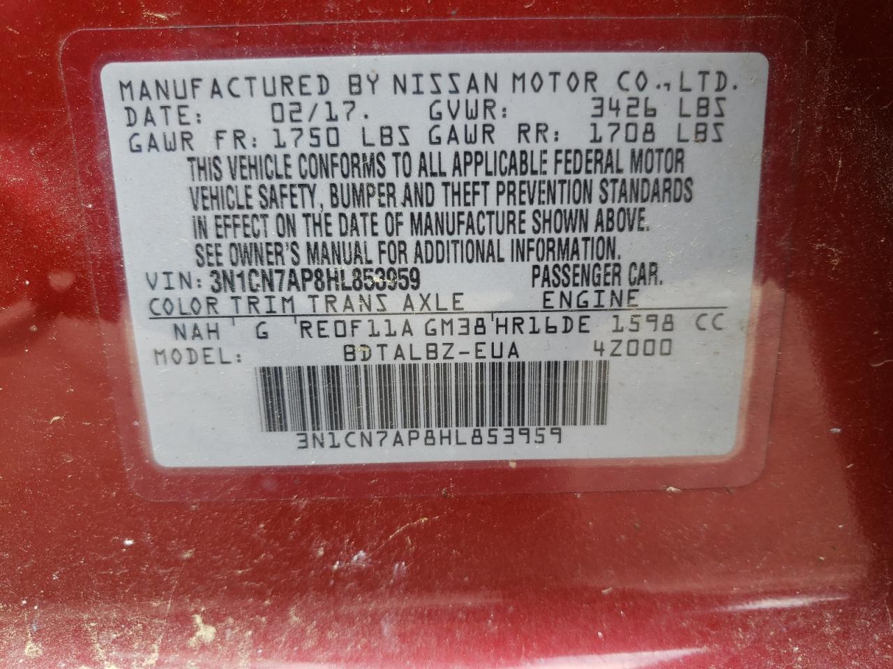 Photo 10 from auction – 2017 NISSAN VERSA S with VIN 3N1CN7AP8HL853959