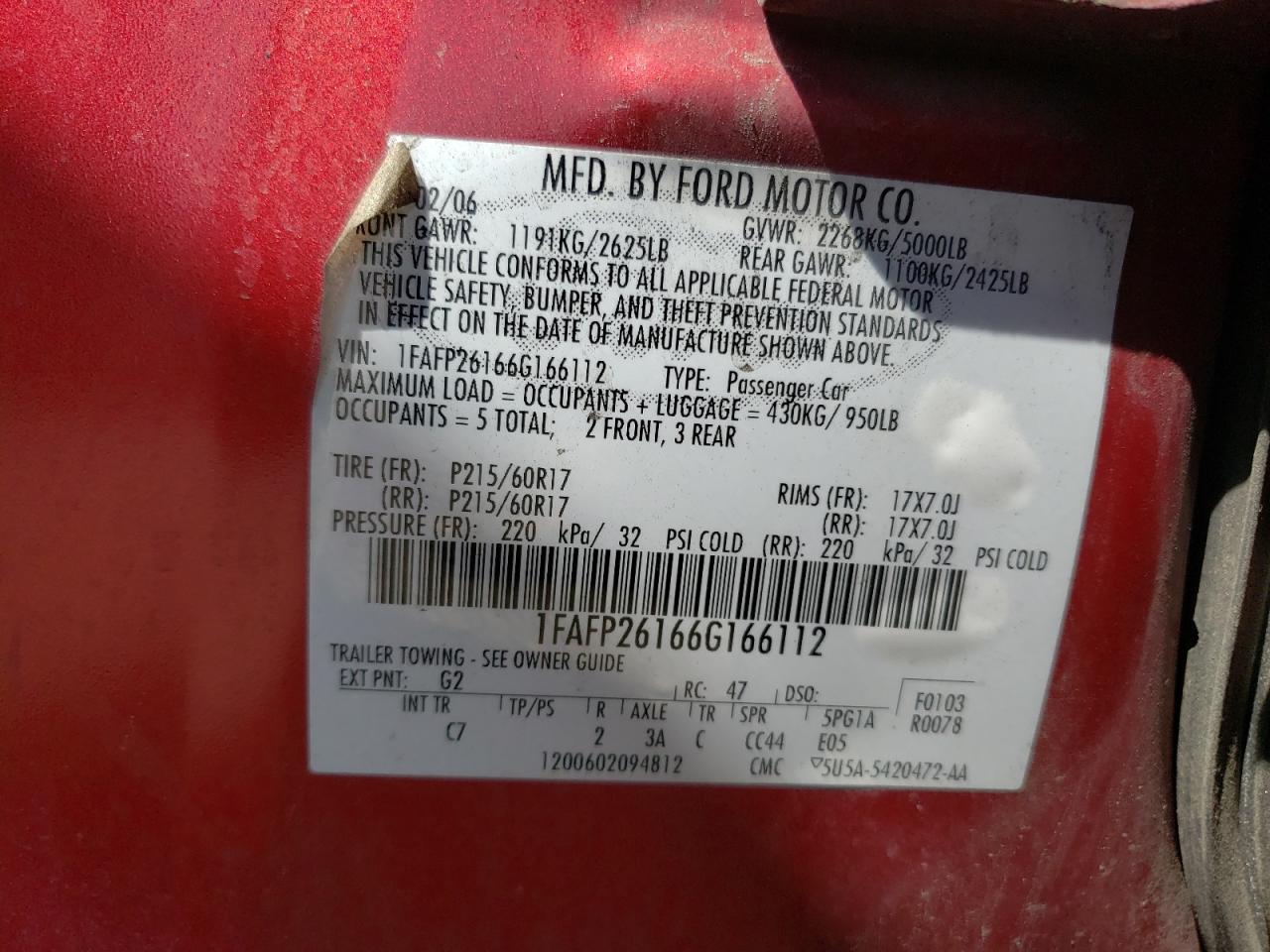 Photo 10 from auction – 2006 FORD FIVE HUNDR with VIN 1FAFP26166G166112