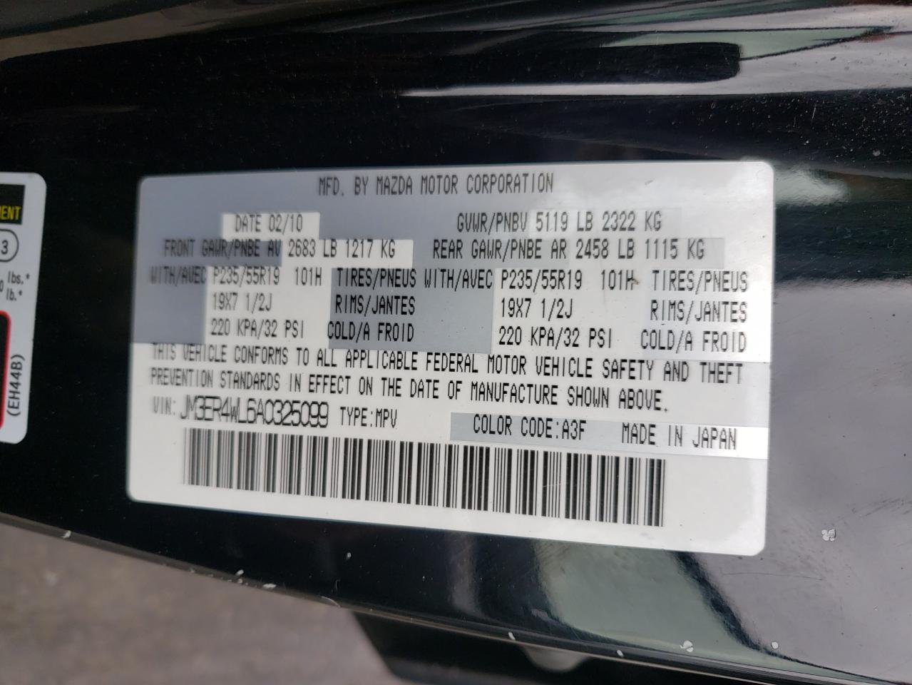 Photo 10 from auction – 2010 MAZDA CX-7 with VIN JM3ER4WL6A0325099