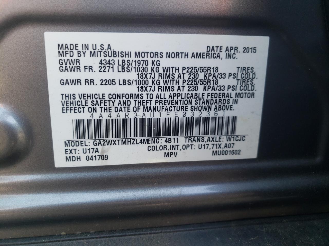 Zdjęcie 10 z aukcji – 2015 MITSUBISHI OUTLANDER z VIN 4A4AR3AU1FE032361