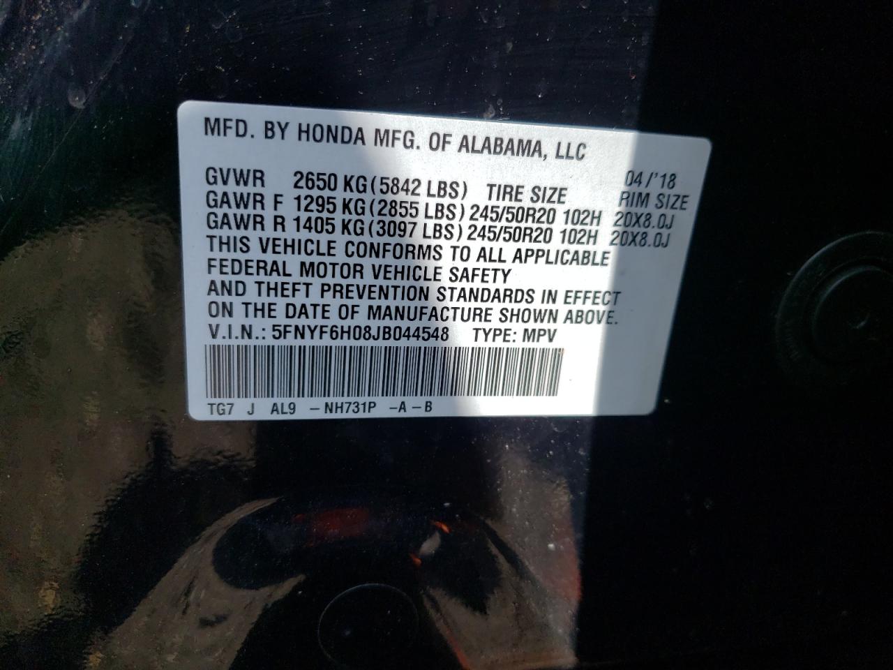 Photo 10 from auction – 2018 HONDA PILOT ELIT with VIN 5FNYF6H08JB044548