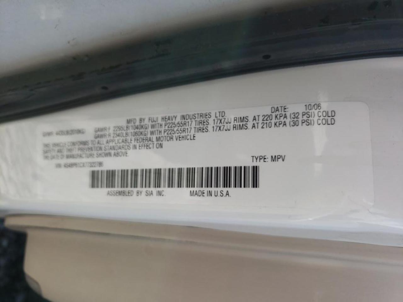 Photo 10 from auction – 2007 SUBARU LEGACY OUT with VIN 4S4BP61CX77322786