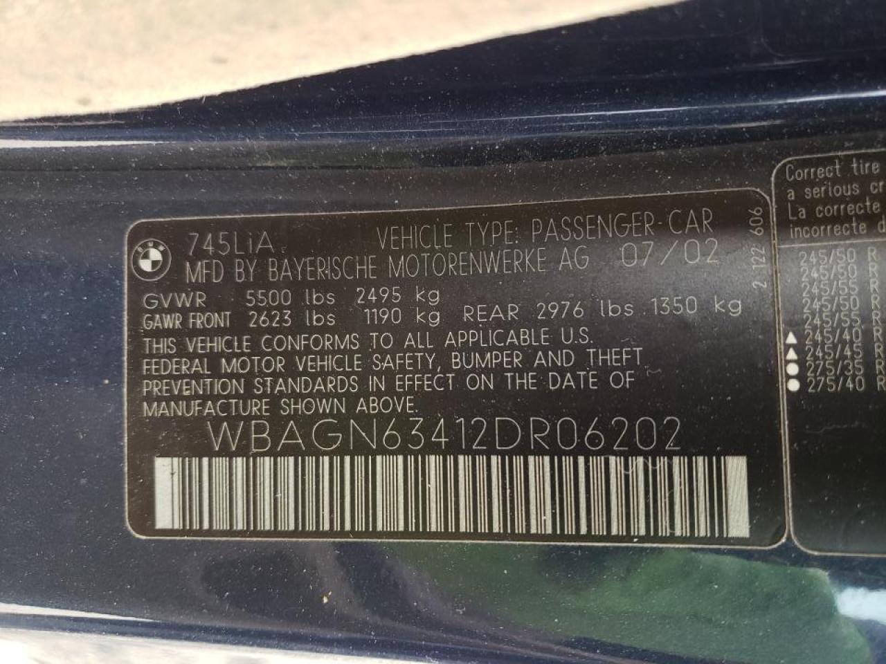 Photo 10 from auction – 2002 BMW 745 LI with VIN WBAGN63412DR06202