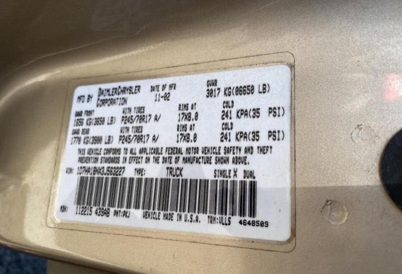 Photo 10 from auction – 2003 DODGE RAM 1500 S with VIN 1D7HA18NX3J563227