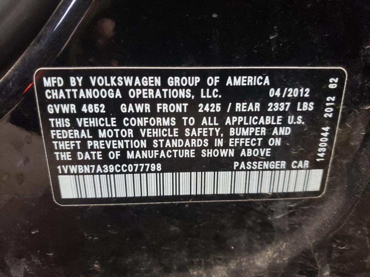 Photo 10 from auction – 2012 VOLKSWAGEN PASSAT SE with VIN 1VWBN7A39CC077798