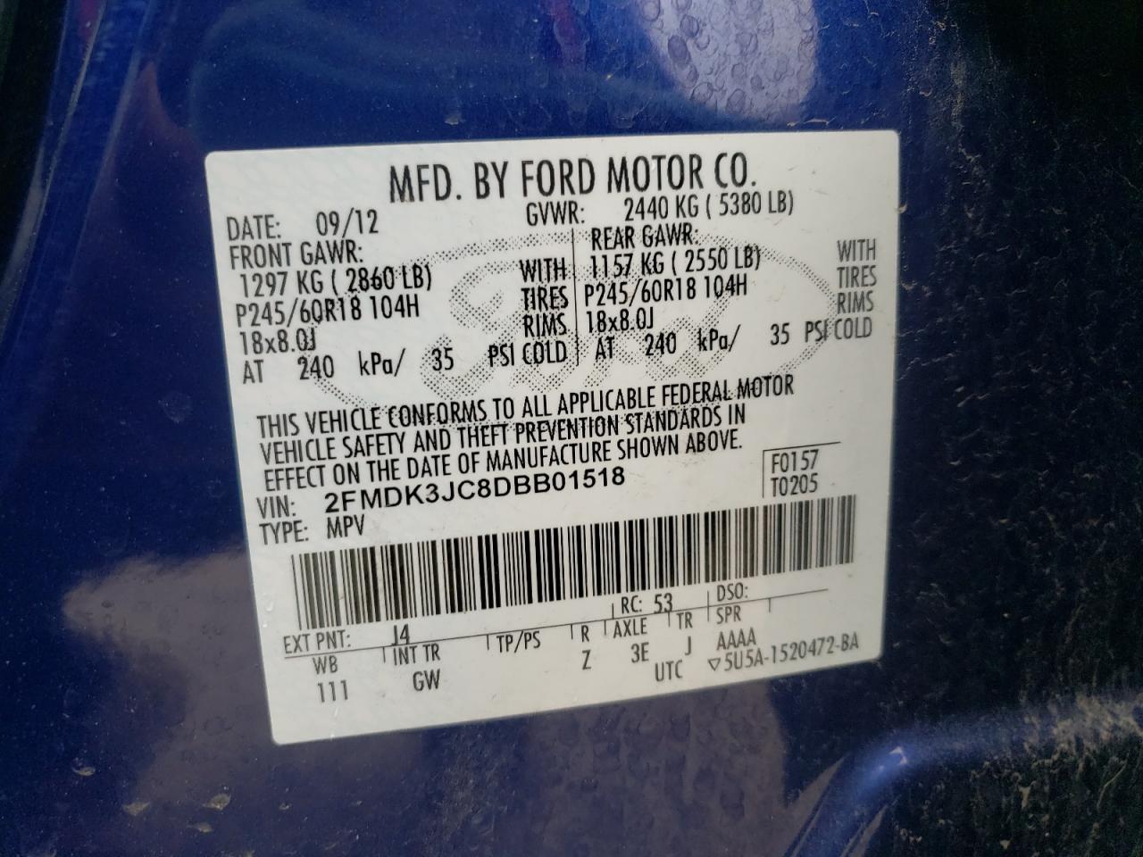 Photo 10 from auction – 2013 FORD EDGE SEL with VIN 2FMDK3JC8DBB01518