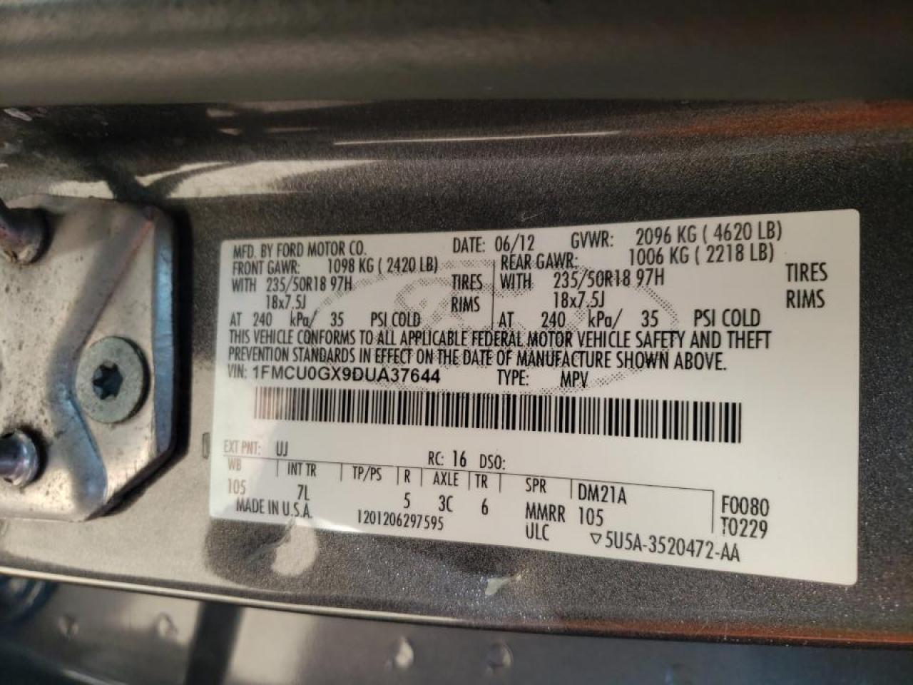 Photo 10 from auction – 2013 FORD ESCAPE SE with VIN 1FMCU0GX9DUA37644