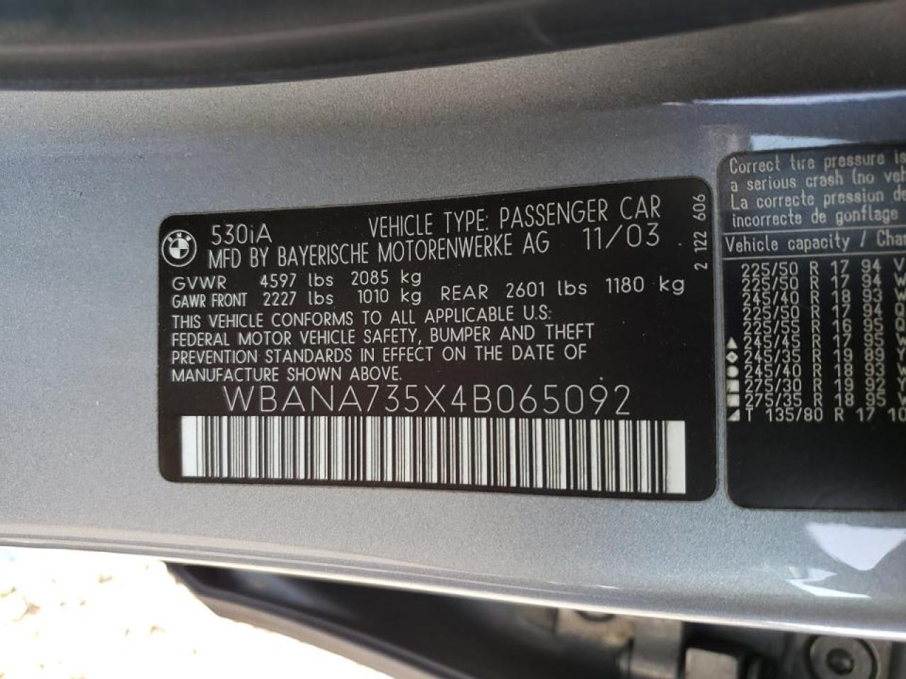 Photo 10 from auction – 2004 BMW 530 I with VIN WBANA735X4B065092