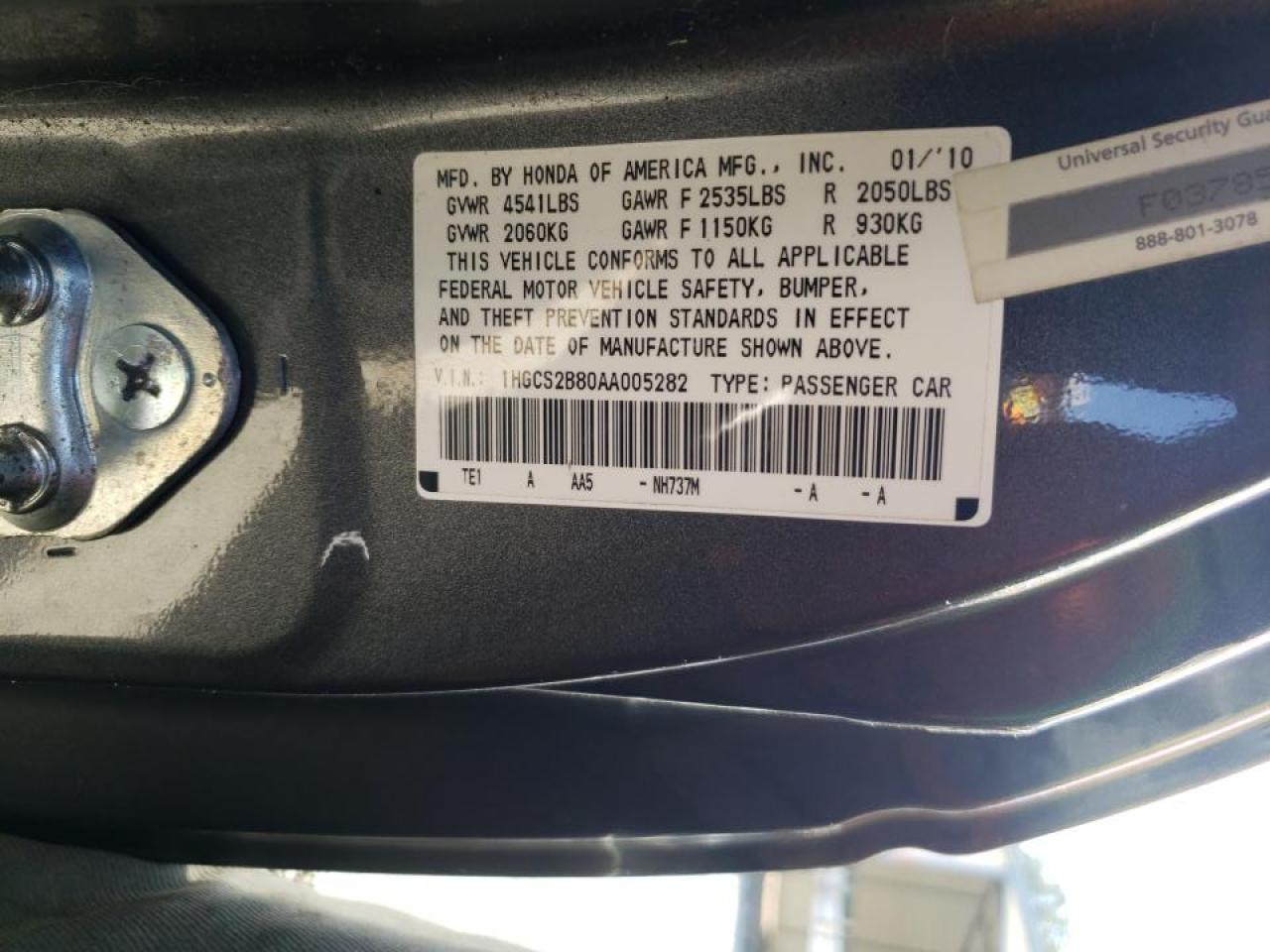 Photo 10 from auction – 2010 HONDA ACCORD EXL with VIN 1HGCS2B80AA005282