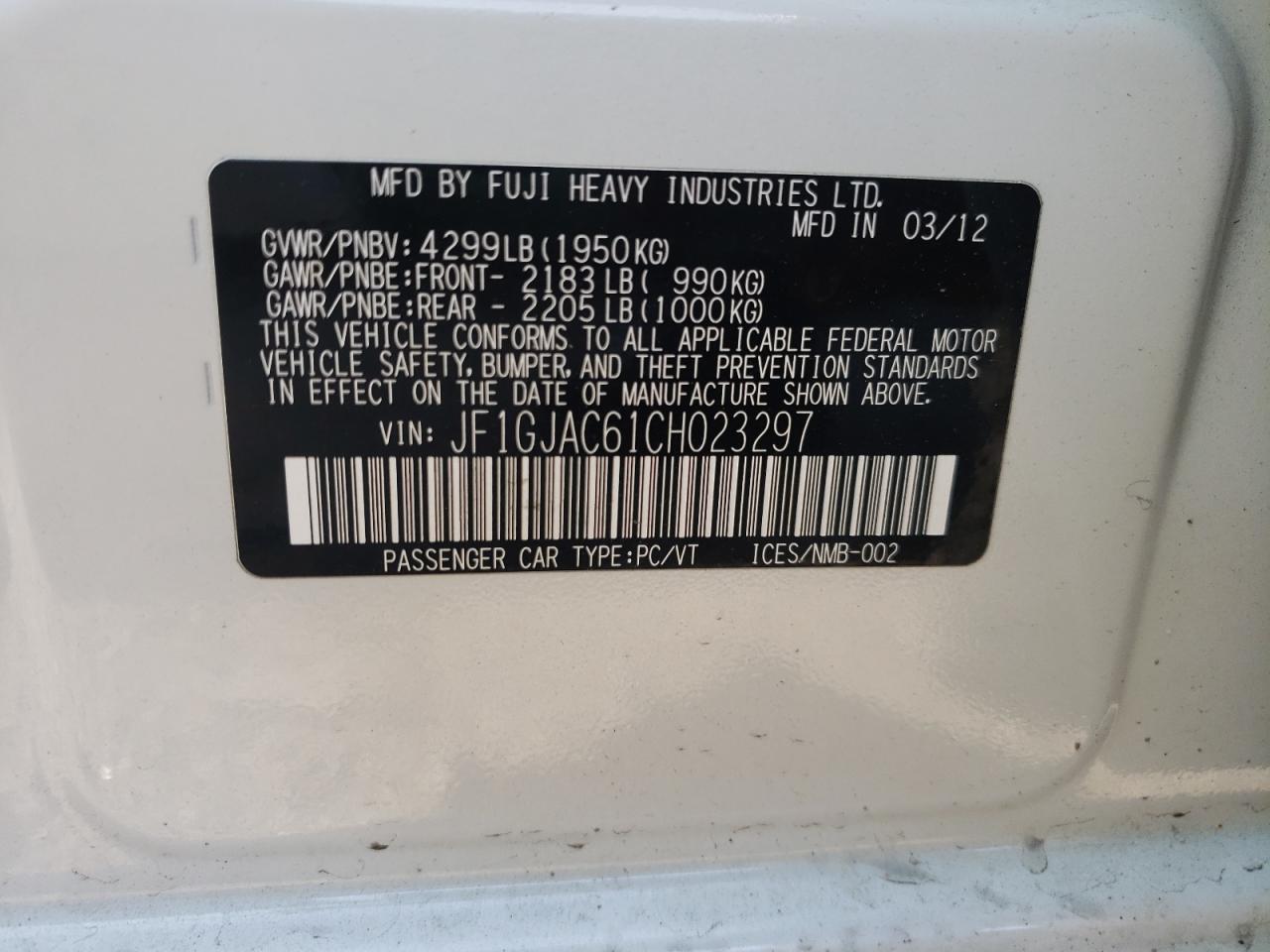 Photo 10 from auction – 2012 SUBARU IMPREZA PR with VIN JF1GJAC61CH023297