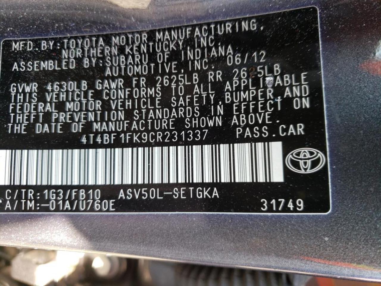 Photo 10 from auction – 2012 TOYOTA CAMRY BASE with VIN 4T4BF1FK9CR231337