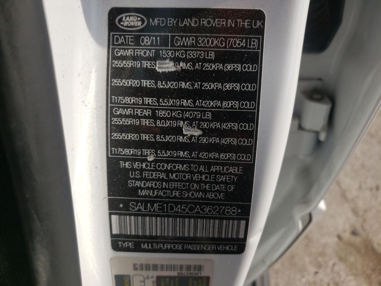 Photo 10 from auction – 2012 LAND ROVER RANGE ROVE with VIN SALME1D45CA362788