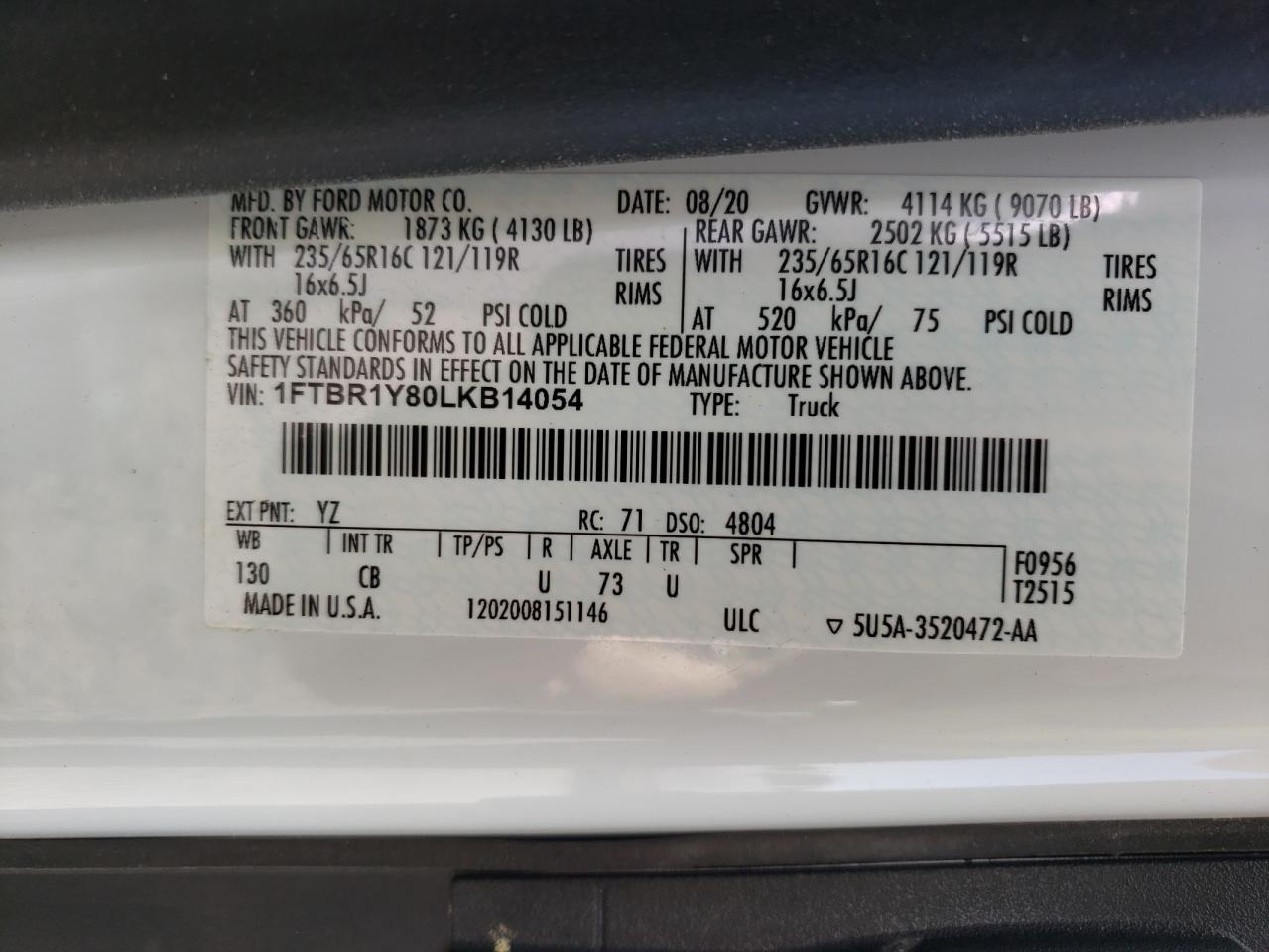 Photo 10 from auction – 2020 FORD TRANSIT T- with VIN 1FTBR1Y80LKB14054
