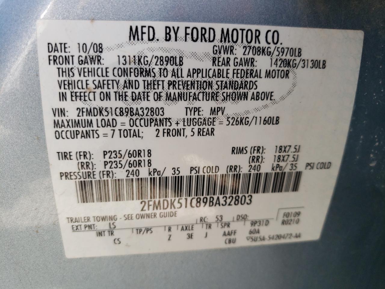 Photo 10 from auction – 2009 FORD FLEX SE with VIN 2FMDK51C89BA32803