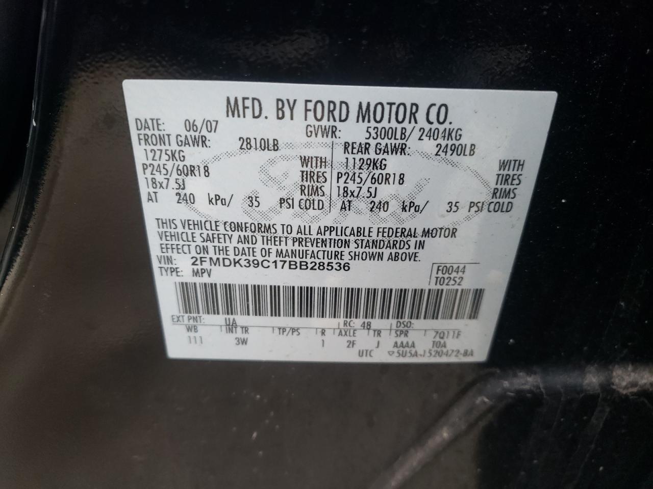 Photo 10 from auction – 2007 FORD EDGE SEL P with VIN 2FMDK39C17BB28536