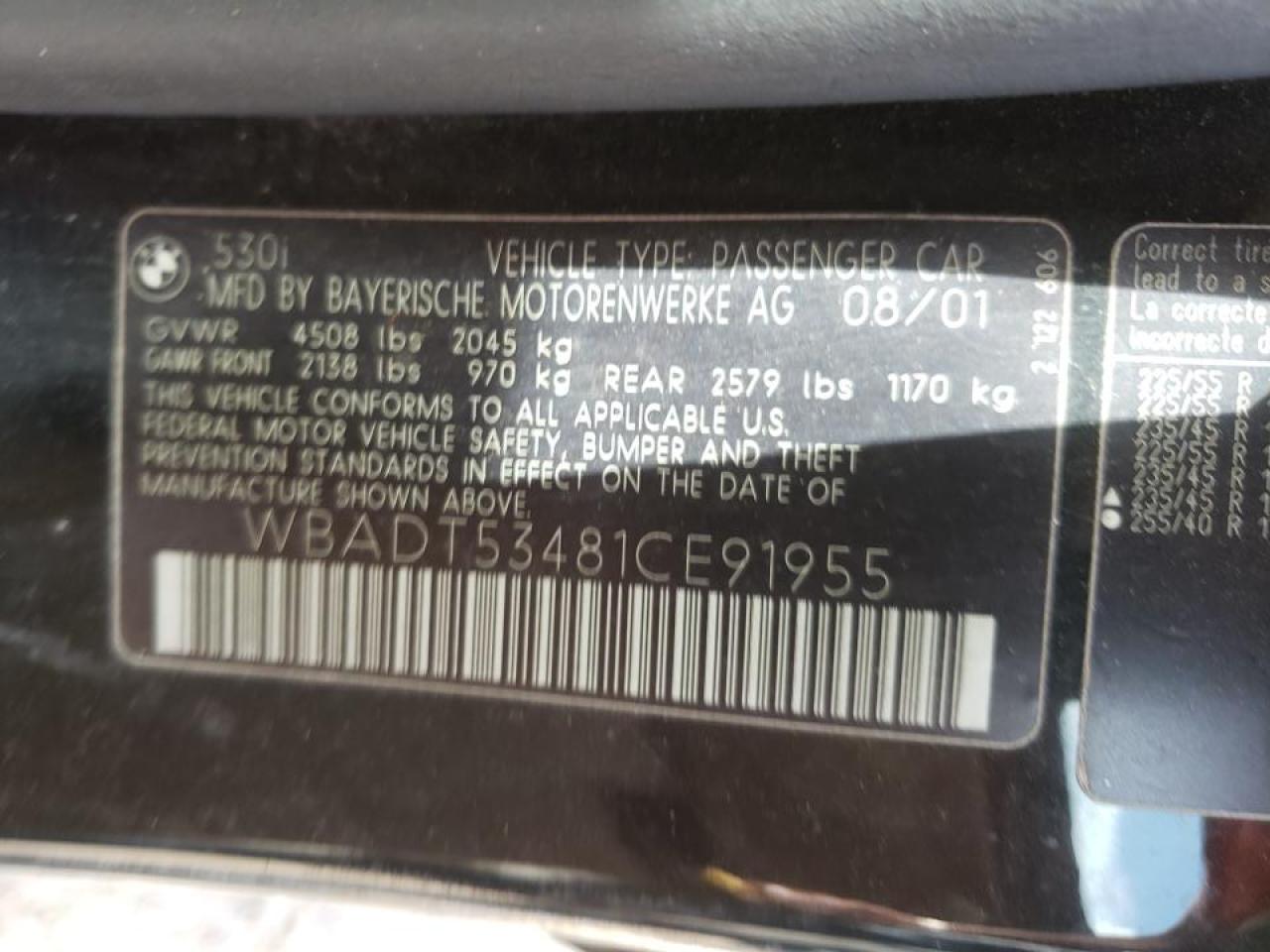 Photo 10 from auction – 2001 BMW 530 I with VIN WBADT53481CE91955