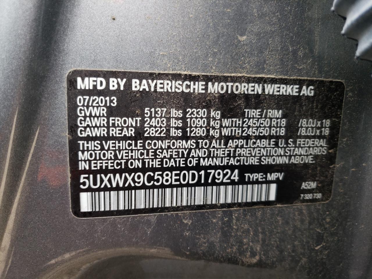 Photo 10 from auction – 2014 BMW X3 XDRIVE2 with VIN 5UXWX9C58E0D17924