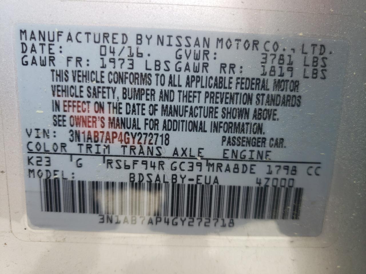 Photo 10 from auction – 2016 NISSAN SENTRA S with VIN 3N1AB7AP4GY272718
