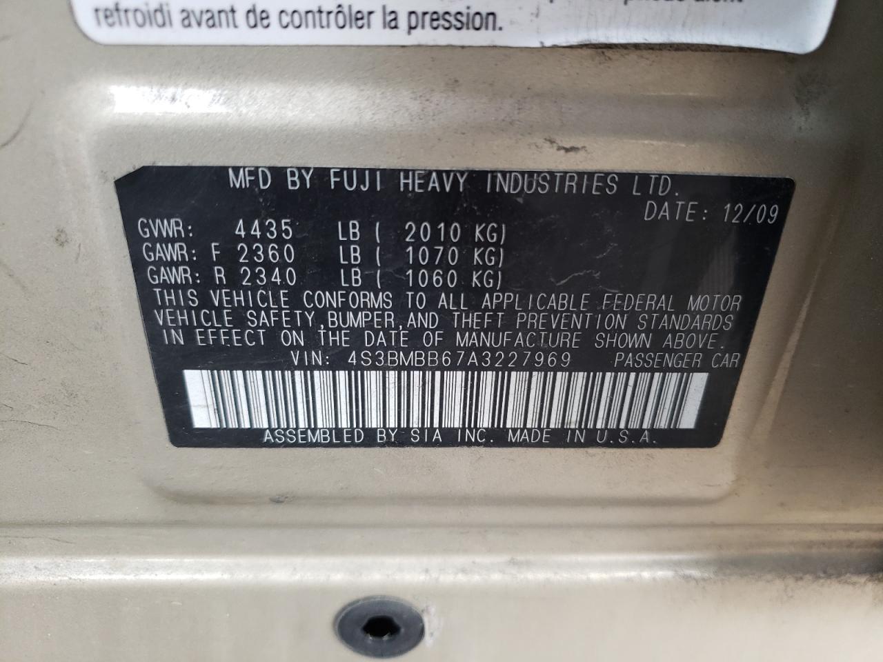 Foto 10 de la subasta – 2010 SUBARU LEGACY 2.5 con VIN 4S3BMBB67A3227969