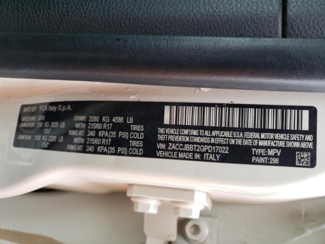 Photo 10 from auction – 2016 JEEP RENEGADE L with VIN ZACCJBBT2GPD17022