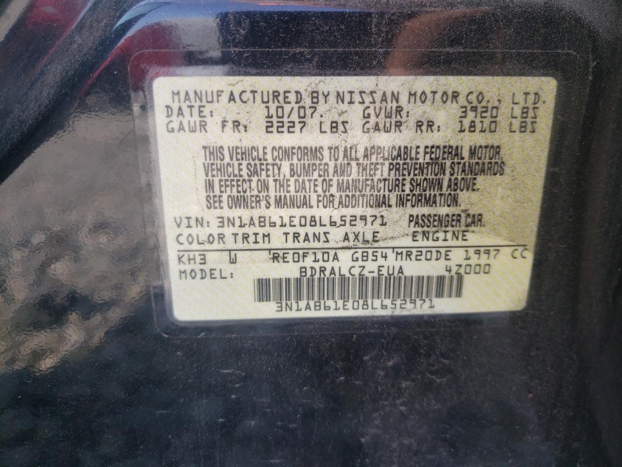 Photo 10 from auction – 2008 NISSAN SENTRA 2.0 with VIN 3N1AB61E08L652971
