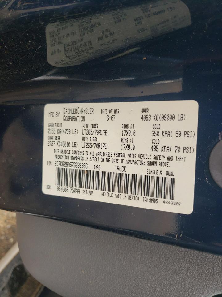 Photo 10 from auction – 2007 DODGE RAM 2500 S with VIN 3D7KR28A57G839306