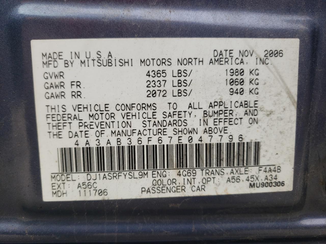 Photo 10 from auction – 2007 MITSUBISHI GALANT with VIN 4A3AB36F67E047796