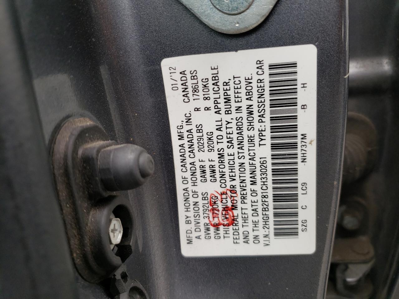 Photo 10 from auction – 2012 HONDA CIVIC EX with VIN 2HGFB2F81CH330261