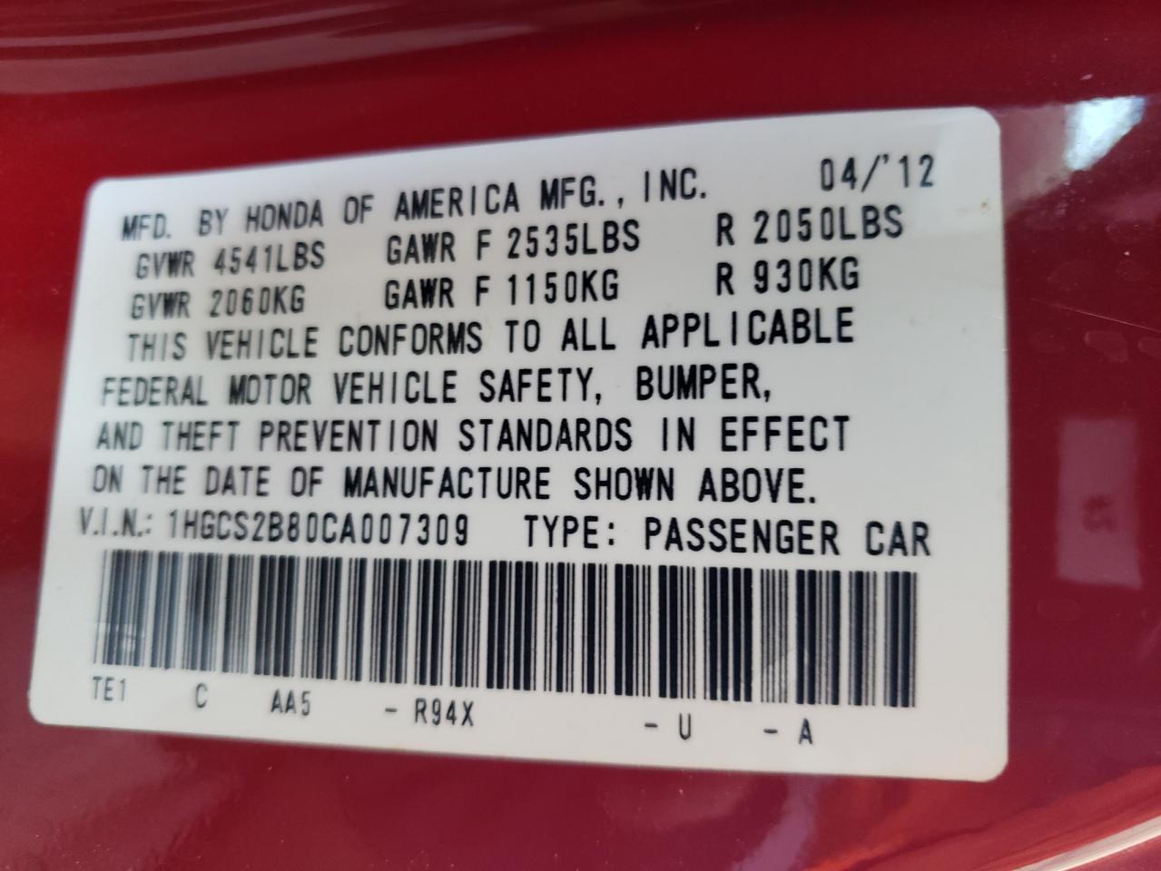 Photo 10 from auction – 2012 HONDA ACCORD EXL with VIN 1HGCS2B80CA007309