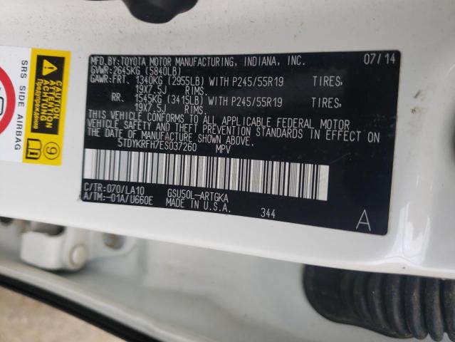 Photo 10 from auction – 2014 TOYOTA HIGHLANDER with VIN 5TDYKRFH7ES037260
