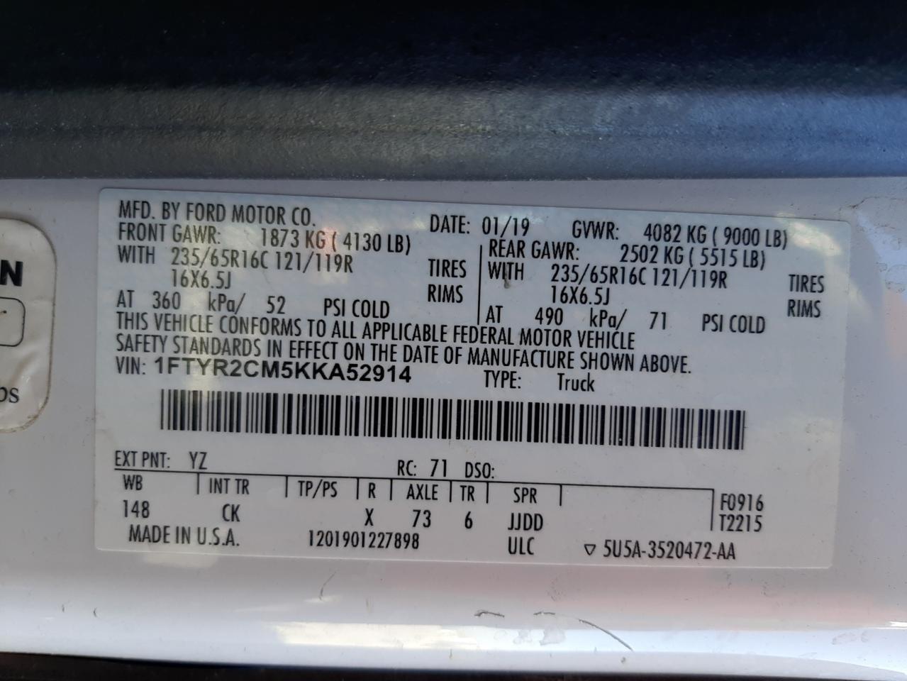 Photo 10 from auction – 2019 FORD TRANSIT T- with VIN 1FTYR2CM5KKA52914