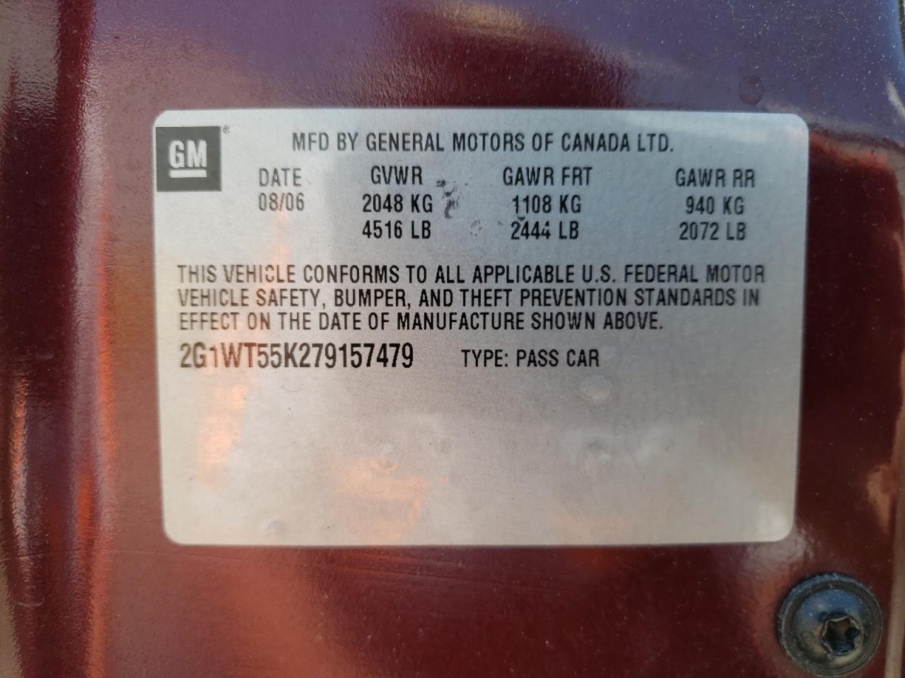 Photo 10 from auction – 2007 CHEVROLET IMPALA LT with VIN 2G1WT55K279157479