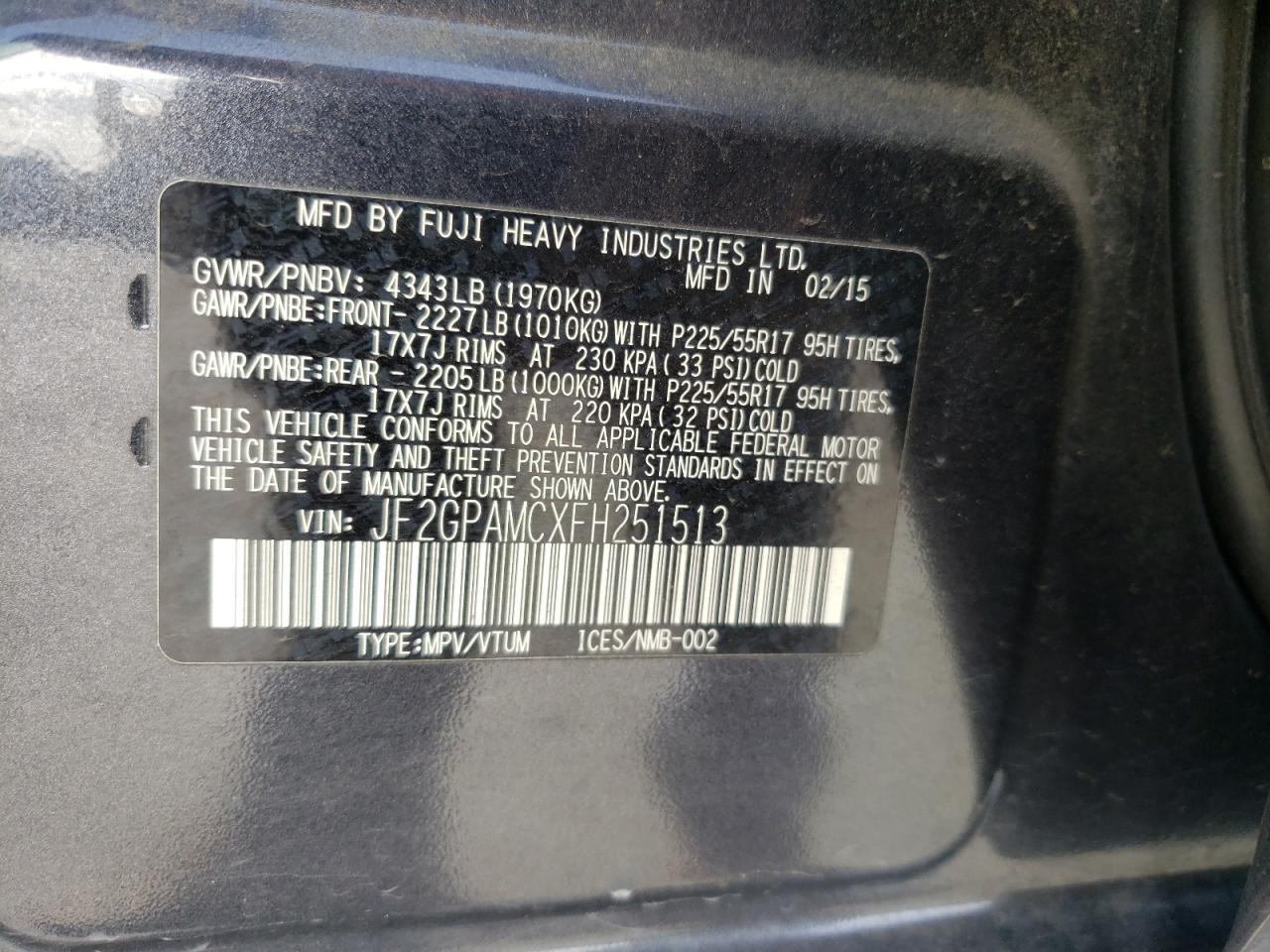 Photo 10 from auction – 2015 SUBARU XV CROSSTR with VIN JF2GPAMCXFH251513