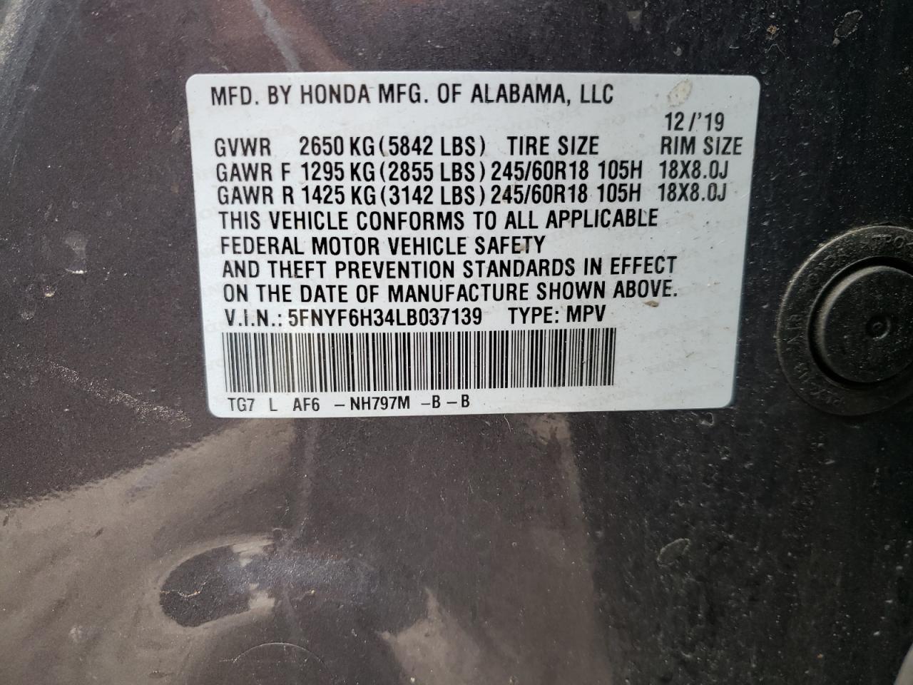 Photo 10 from auction – 2020 HONDA PILOT EX with VIN 5FNYF6H34LB037139