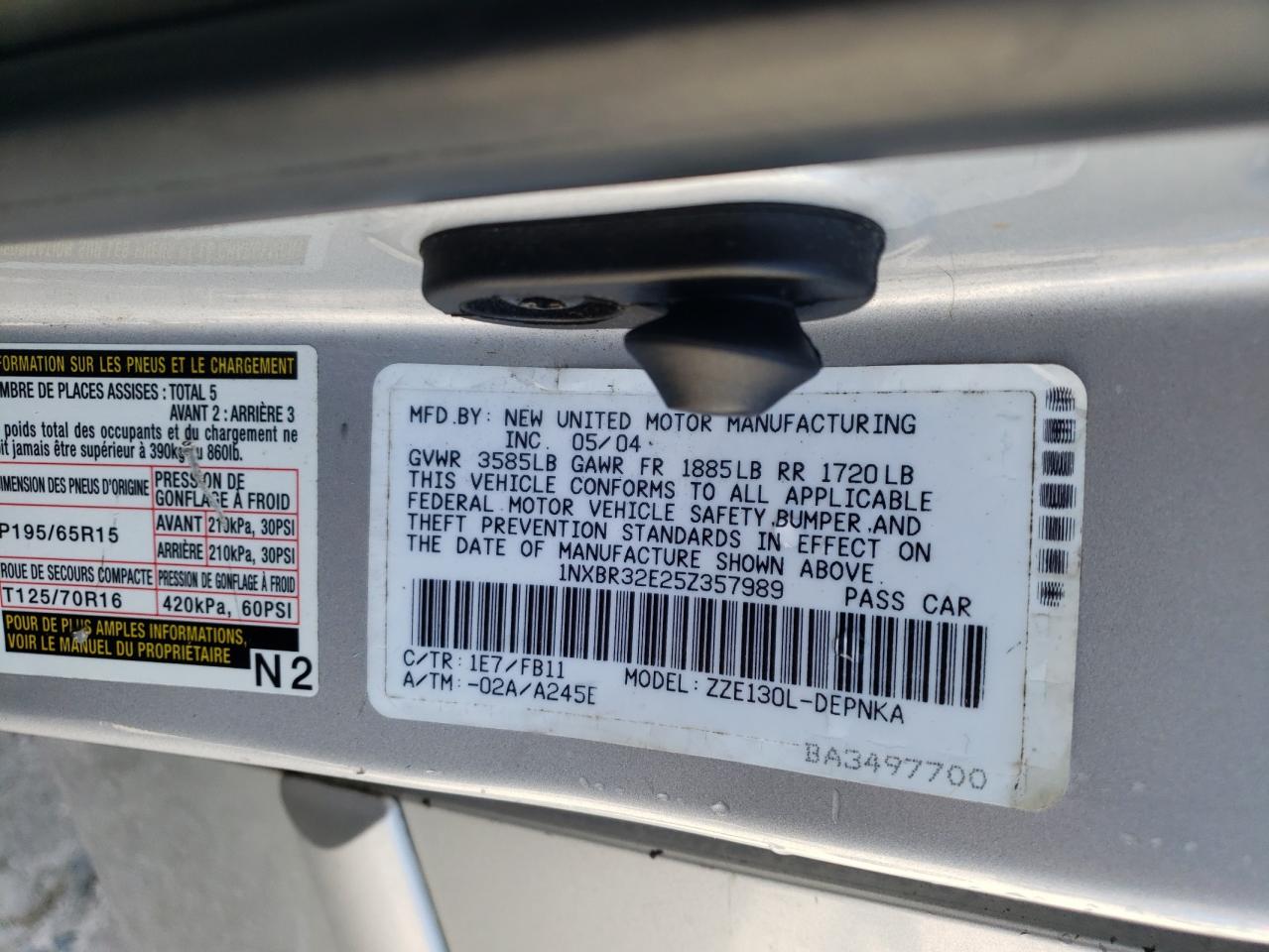 Photo 10 from auction – 2005 TOYOTA COROLLA CE with VIN 1NXBR32E25Z357989