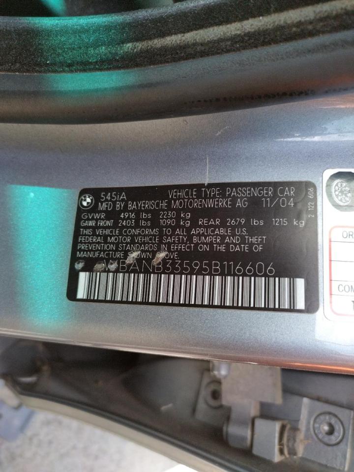 Photo 10 from auction – 2005 BMW 545 I with VIN WBANB33595B116606