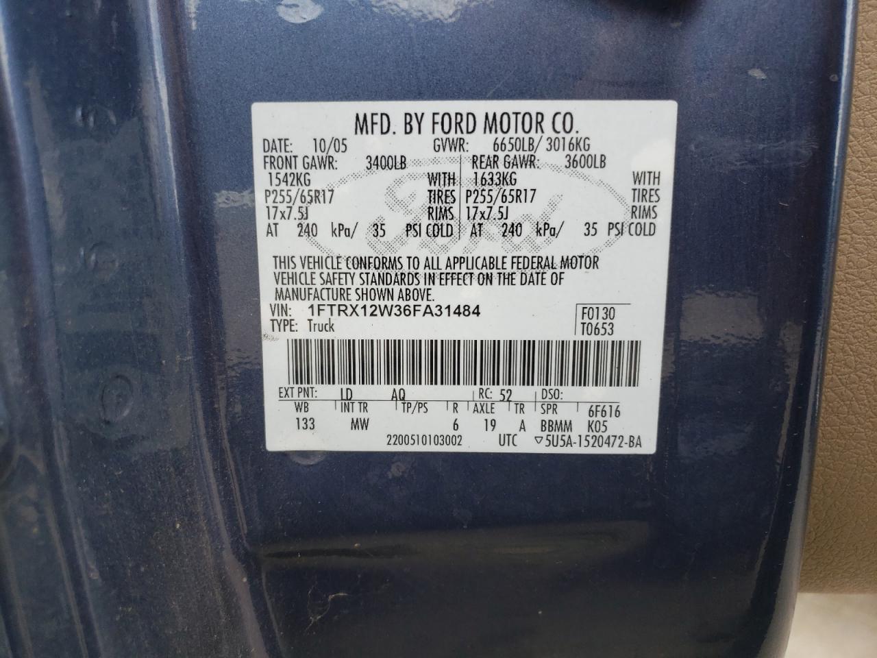 Photo 10 from auction – 2006 FORD F150 with VIN 1FTRX12W36FA31484