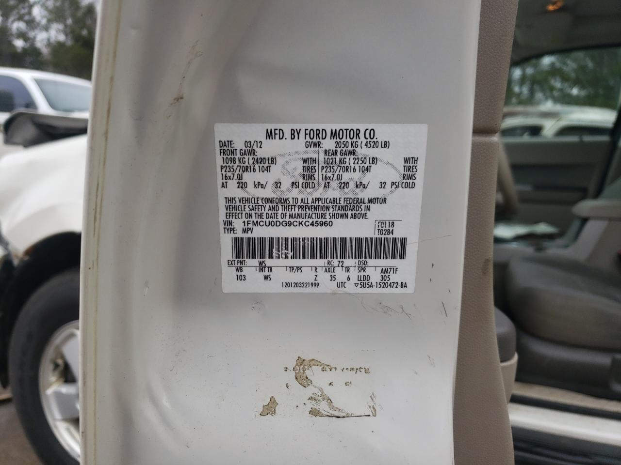 Photo 10 from auction – 2012 FORD ESCAPE XLT with VIN 1FMCU0DG9CKC45960
