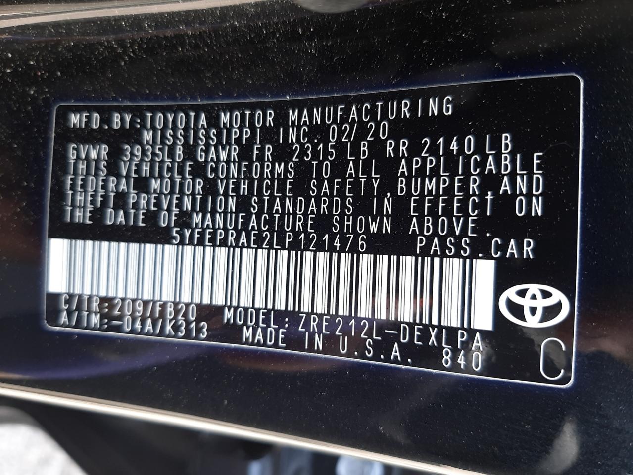 Photo 10 from auction – 2020 TOYOTA COROLLA LE with VIN 5YFEPRAE2LP121476